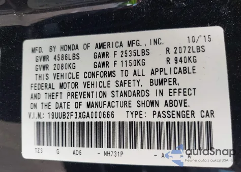 2016 Acura Tlx V6 из США, поврежденный, VIN 19UUB2F3XGA000666